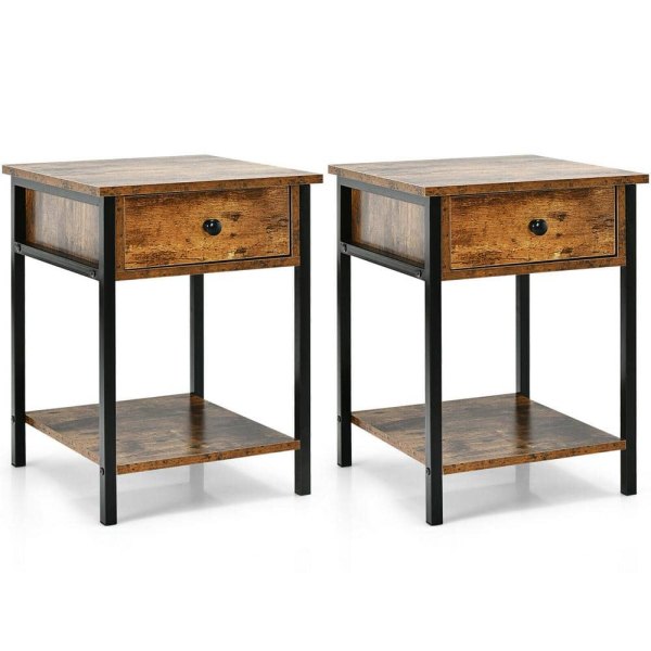 Brown Drawer Shelf Rustic 2-Piece Industrial End Side Table Nightstand 22 in. H x 16 in. W x 16 in. D