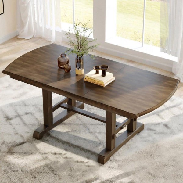 Wilbur Mid-Century Modern Extendable Brown MDF and Solid Wood Veneer Trestle Dining Table Seats 8 with Removable Leaf