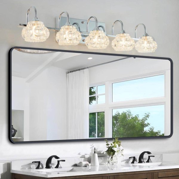29 in. 5 Light Chrome Bathroom Wall Mounted Vanity Light with Crystal Glass Shades Bulb Not Included