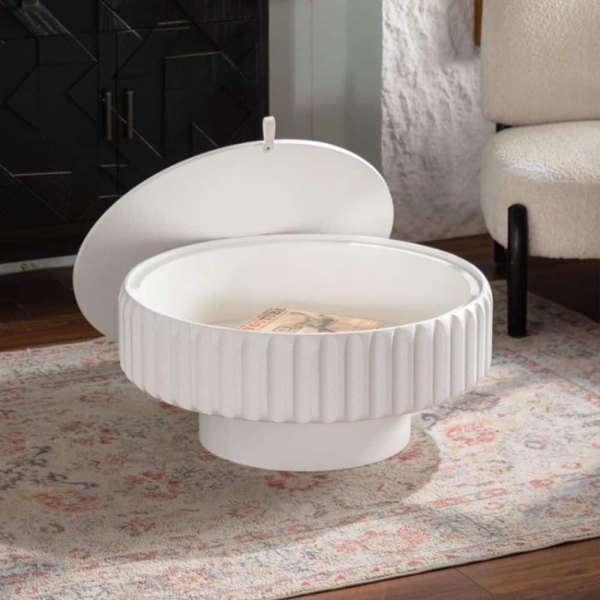 Siyavash 31.5 in. White Round Stone Coffee Table with Lift-Off Lid, Perfect for Modern Living