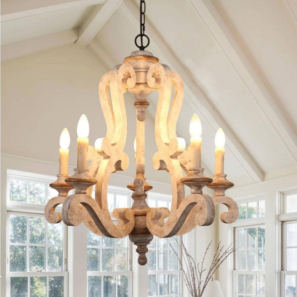Buttrio Antique Farmhouse 5-Light Rustic Wooden Candle Chandelier, Distressed White