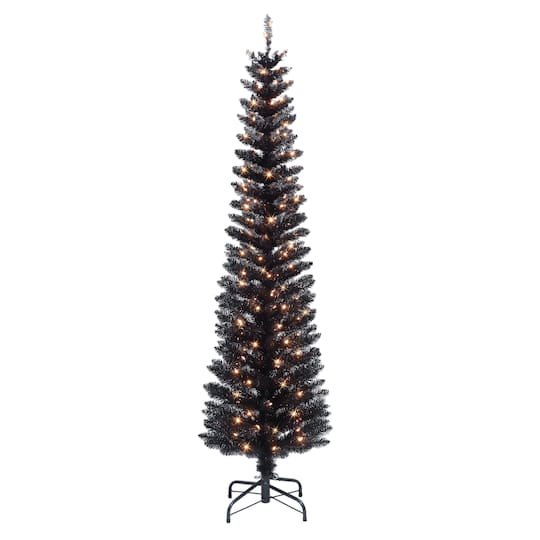 6Ft Pre-Lit Black Tinsel Artificial Tree, Clear Lights By Puleo International | 19 x 72 | Michaels