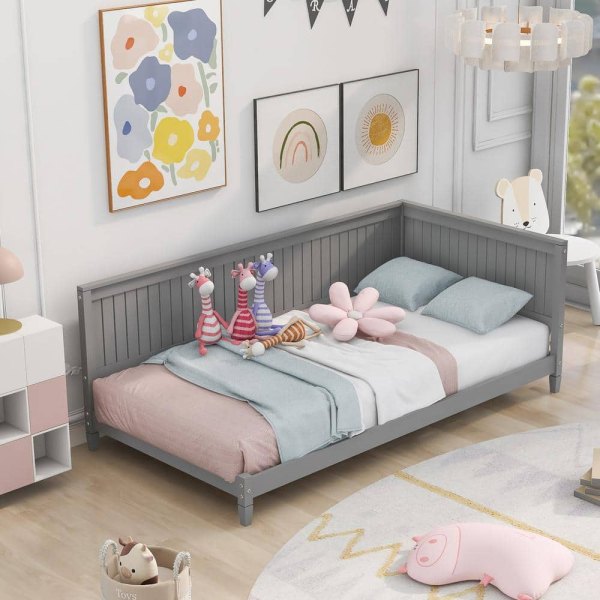Gray Wood Frame Twin Size Daybed with Semi-Enclosed Bed Rail