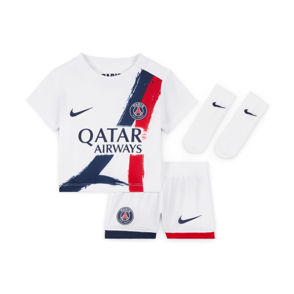 Paris-Saint Germain 2024 Stadium Away Baby/Toddler Nike Soccer Replica 3-Piece Kit in White | FN9240-101