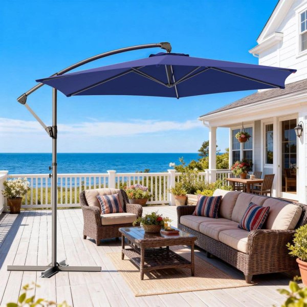 10 ft. Octagon Steel Offset Patio Umbrella with Secure Lockand Raised Base Pole, Stable Outdoor Umbrella in Navy Blue