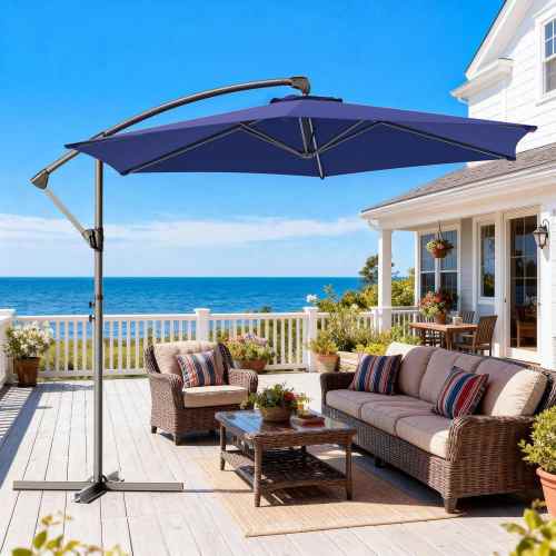 10 ft. Octagon Steel Offset Patio Umbrella with Secure Lockand Raised Base Pole, Stable Outdoor Umbrella in Navy Blue