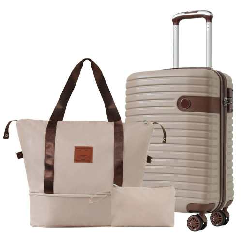 3-Piece Khaki Carry-on and Lightweight Hardshell ABS Luggage Set