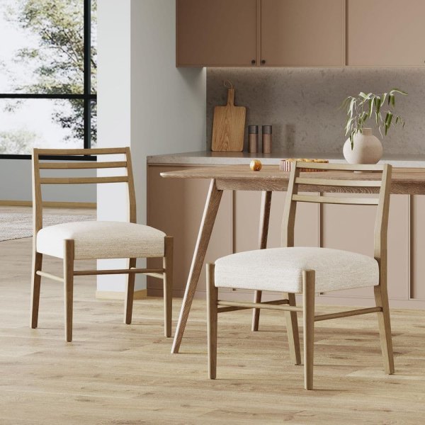 Solid Rubberwood Light Ash and Beige Fabric Upholstered Dining Chair (Set of 2)
