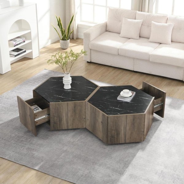 Judson Retro 31.5 in. Light Brown and Black Hexagon Faux Marble MDF Top Coffee Table Set of 2 with Hidden Drawers