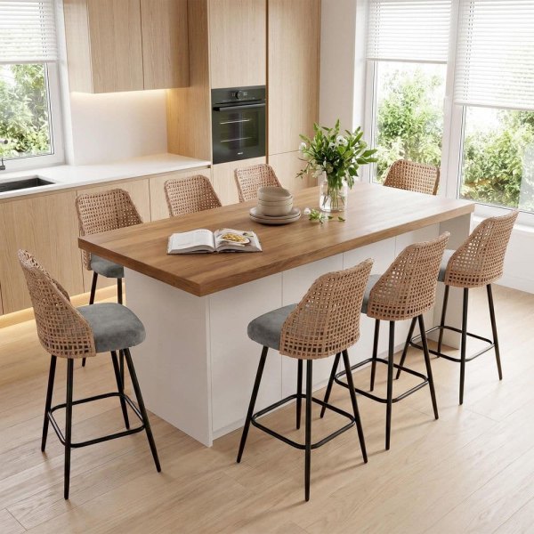 28.74 in. H Woven wicker High Back Metal Bar Stool with Chenille Seat Cushion