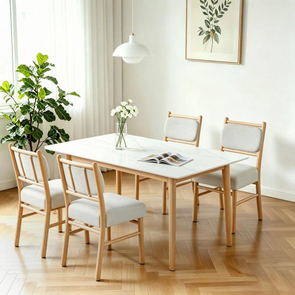 Dylan Natural and Beige White Fabric Upholstered Dining Chairs with Mid-Back Padded Set of 4