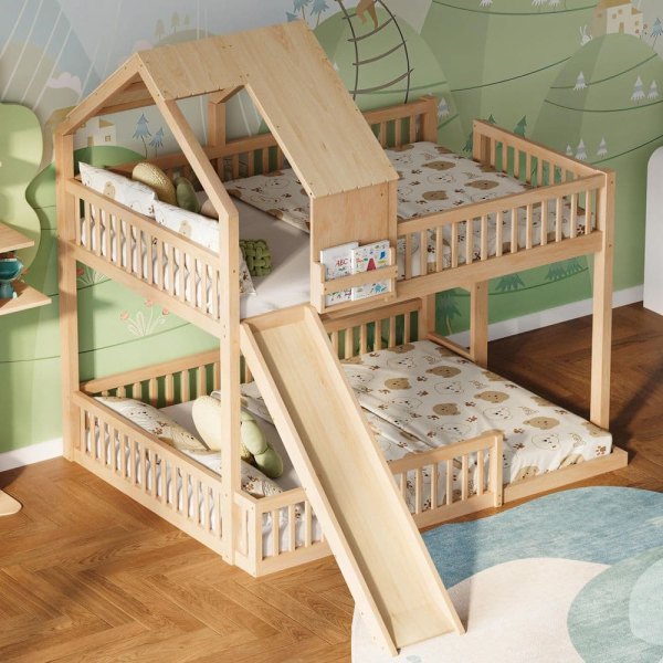 Natural Solid Wood+MDF Full XL Over Queen Bunk Bed with Slide and Built in Ladder for Kids