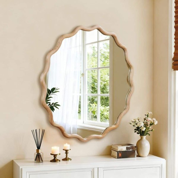 36 in. W x 36 in. H Wavy Round Solid Wood Framed Bathroom Mirror Wall Mirror in Natural Wood Brown