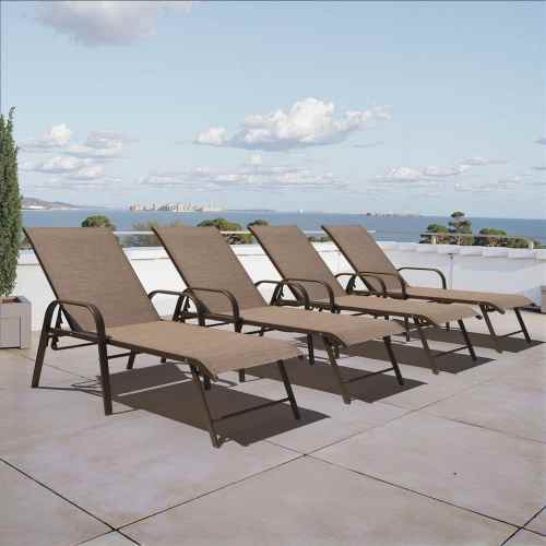 4-Piece Aluminum Adjustable Outdoor Patio Chaise Lounge with Arms and Brown Textilene Fabric