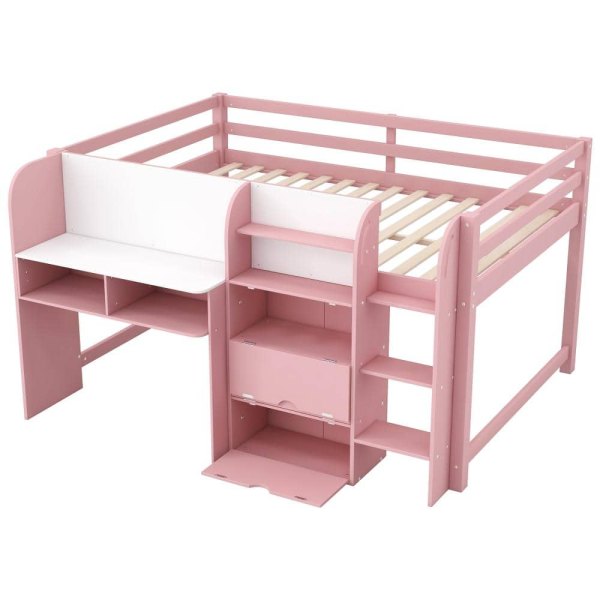 Pink Full Wood Low Loft Bed with Built-in Desk,Storage Cabinets,Open Bookcase and Whiteboard for Graffiti