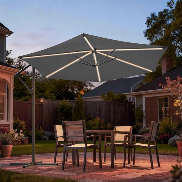 10ft. Offset Patio Umbrella with Solar Panel, Foldable Handle and Steel Frame Outdoor Cantilever Umbrella in Gray