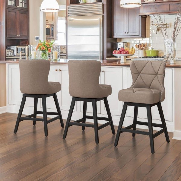 26 in. High Back Taupe Faux Leather Swivel Counter Stool Upholstered Bar Stool with Metal Legs (Set of 3)