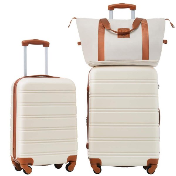 3-Piece White Expandable ABS Hardshell 20 in. 24 in. Luggage Set with Bag