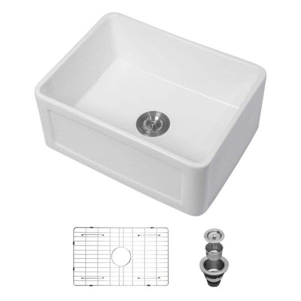 24 in. Farmhouse Single Bowl White Ceramic Kitchen Sink with Bottom Grids