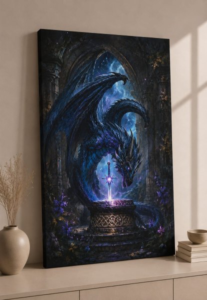 FC Design - Large Arcane Sword Dragon Wall Art Canvas Print 24x36 Mystic Ruins Fantasy Painting for Home Decor - MultiColor