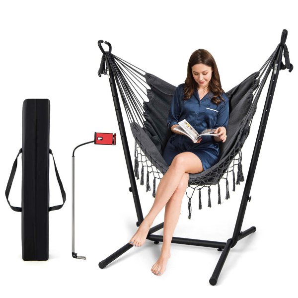 Gymax - Hammock Chair with Stand Phone Holder Adjustable Swing Indoor & Outdoor Use - Gray