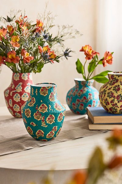 Patterned Papier Mache Bud Vase, Reds, Blues + Neutrals