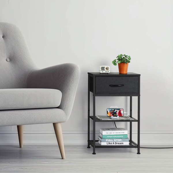 Oumilen - 3-Tier End Table with Dark Gray Fabric Drawer & Built-in Charging Station - Black
