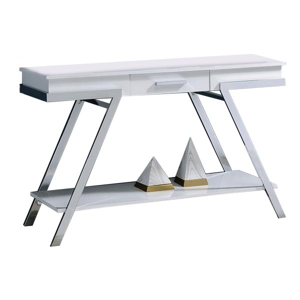 Manhattan Lane - Tius 48 Inch Sofa Table, Open Shelf, Chrome Frame, High Gloss White Finish - White, Chrome