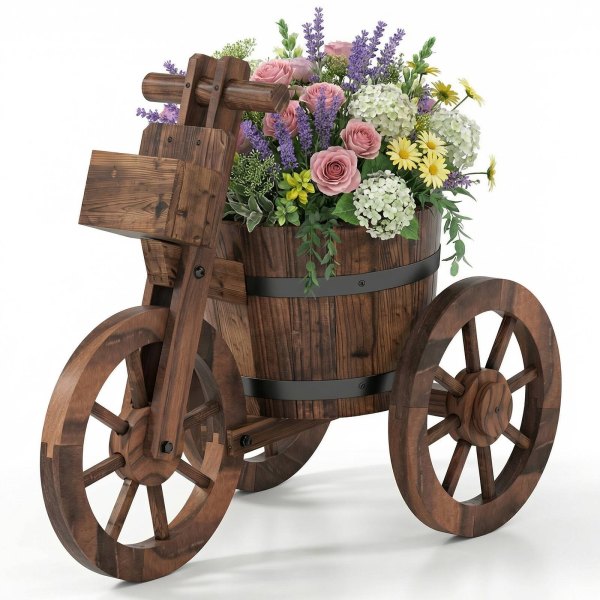 Costway - 1 PCS Rustic Wood Tricycle Planter with Barrel Pot & Storage Box for Patio Balcony Garden - Coffee
