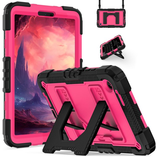 Dteck - Heavy Duty Rugged Case for Samsung Galaxy Tab A11 / A9 8.7 Inch Tablet with Multi-Angle Kickstand and Shoulder Strap - Black+Rose