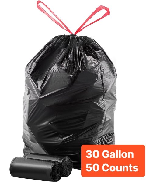 VEVOR - Drawstring Trash Bags, 30 Gallon 50 Count Tall Kitchen Trash Bags, Extra Thick Tough and Durable Garbage Bag - Black