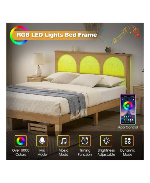 gaomon Full/Queen Bed Frame With Rattan Headboard, Boho Cane Platform Bed Frame With Led Lights, Solid Wood Foundation With Wood Slat Support/No Box S