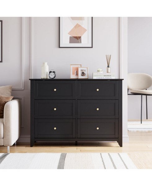 gaomon Black 6 Chest of Drawer Dresser, Modern Dresser with Deep Drawers and Nickel Round Handle, Wood Organizer Storage Cabinet - Black