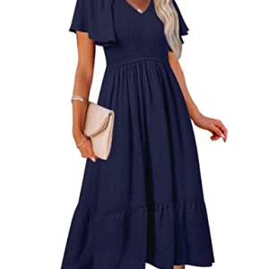 V-Neck Ruffle Sleeve Smocked High Waist Midi Dress with Pockets