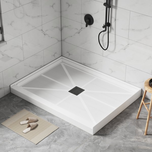 Casainc 48"W X 36"D Smc Single Threshold Shower Base Anti-Slip Shower Pan, Drain Assembly & Drain Cover Included - White