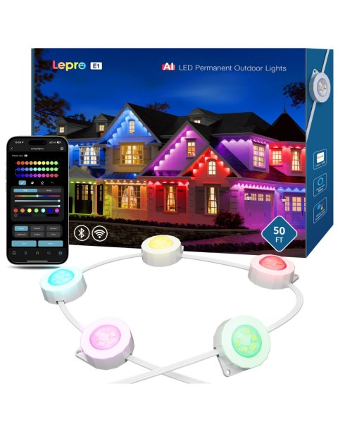 Lepro E1 Ai Permanent Outdoor Lights App Control, 50ft Smart Rgb+Ic Christmas House Lights with 30 Warm/Cool White Led Pucks, Alexa Google Enabled, Ai