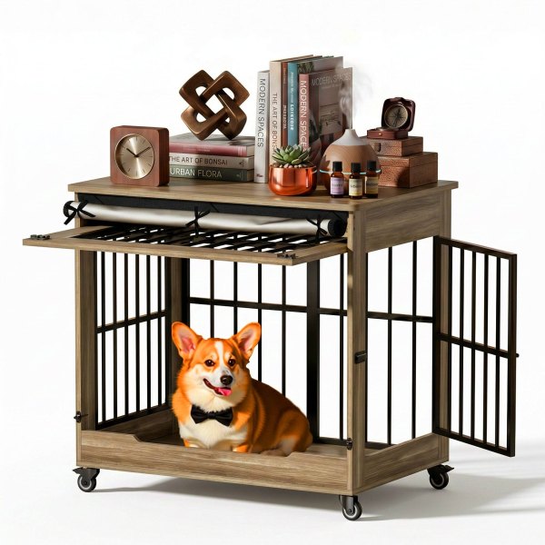 Anysun - 32 Dog Crate Furniture, Double Door Wooden Kennel, Decorative Pet Cage End Table w/ Wheels, for Medium/Small Dogs