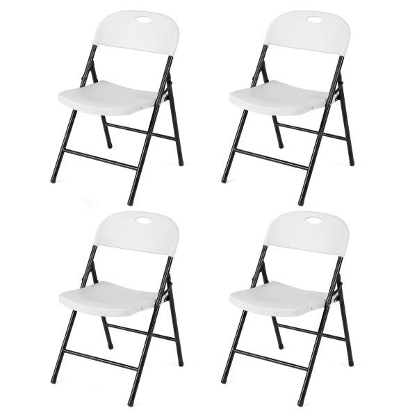 Costway - Foldable Plastic Chairs Set of 4 with Curved PP Seat Ergonomic Backrest Metal Legs - White