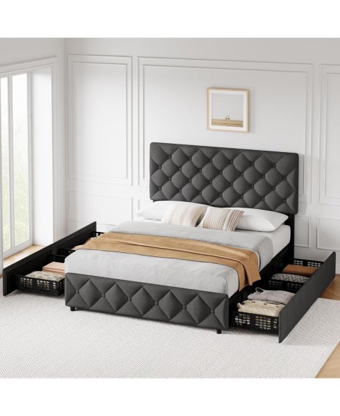 gaomon Queen Bed Frame Storage Drawers Upholstered Platform Bed Grey
