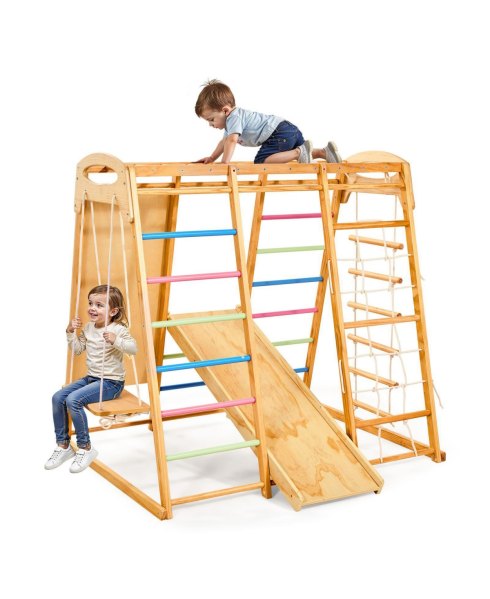 Mecale 7-in-1 Wooden Indoor Playground with swing, slide, monkey bar, ladders & net, holds up to 250 lbs. - Natural