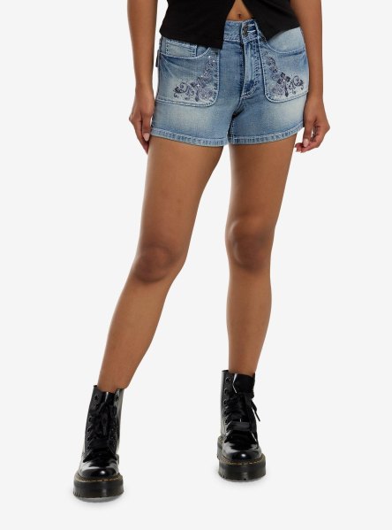 Social Collision Cross Filigree Low Rise Denim Shorts
