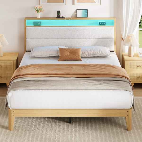 homfan Bed Frame with Platform Bed with Wood White