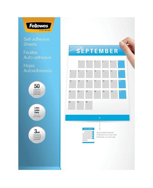 Fellowes Self Adhesive Laminating Sheets, 3mil Letter, 50 Pack