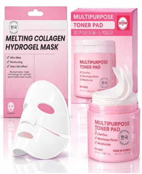 Lovery Korean Beauty and Skincare Glass Skin Renewal Set with Collagen Hydrogel Masks and Multipurpose Toner Pads - Pink