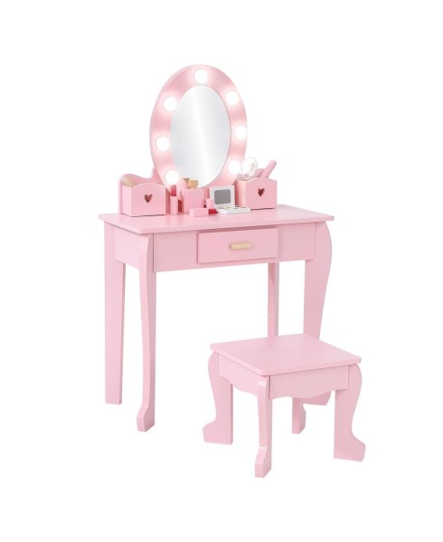 homfan Lighted Mirror Kids Vanity Table and Chair Set - Wooden Princess Makeup Dressing Table with Stool - Pretend Play with Storage Drawer - Pink
