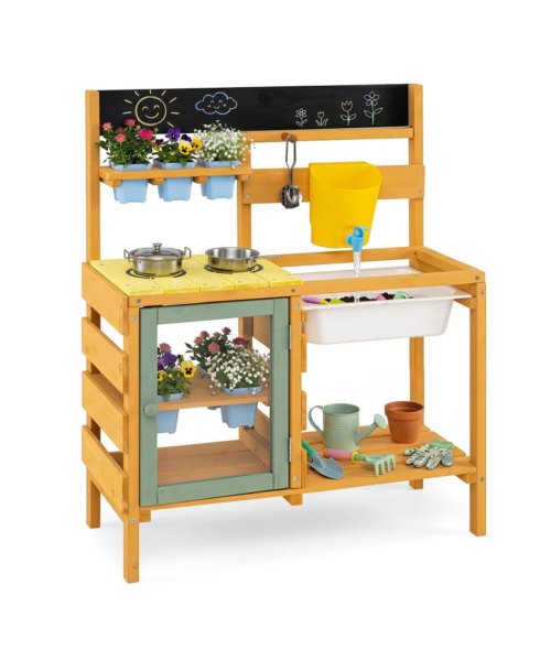 Sugift Wooden 13-Piece Mud Kitchen with Water Tank, Faucet, and 2 Stoves, Ages 3+ - Yellow