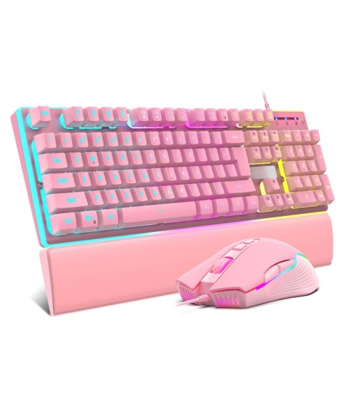 Lofree Wired Gaming Keyboard Mouse Combo Rgb Backlit 7200 Dpi Anti Ghosting Soft Wrist Rest - Pink