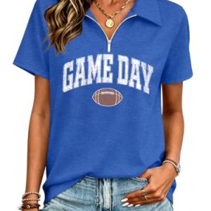 Football Shirts for Women Game Day Zipper V Neck