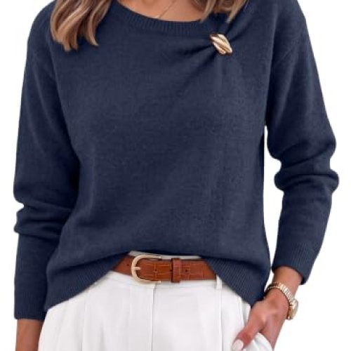 Long Sleeve Sweaters Crewneck with Buckle