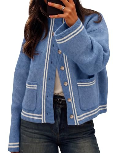 Chunky Knit Cardigan Striped Trim